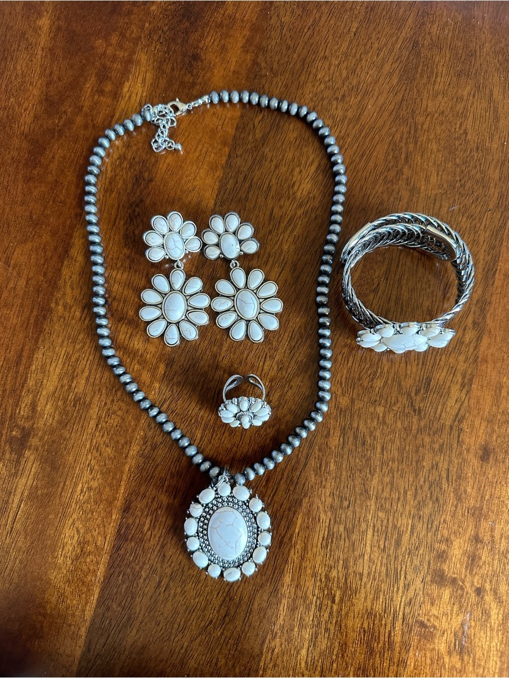 White Stone Floral Pendant Necklace, Earrings, Ring, and Bracelet